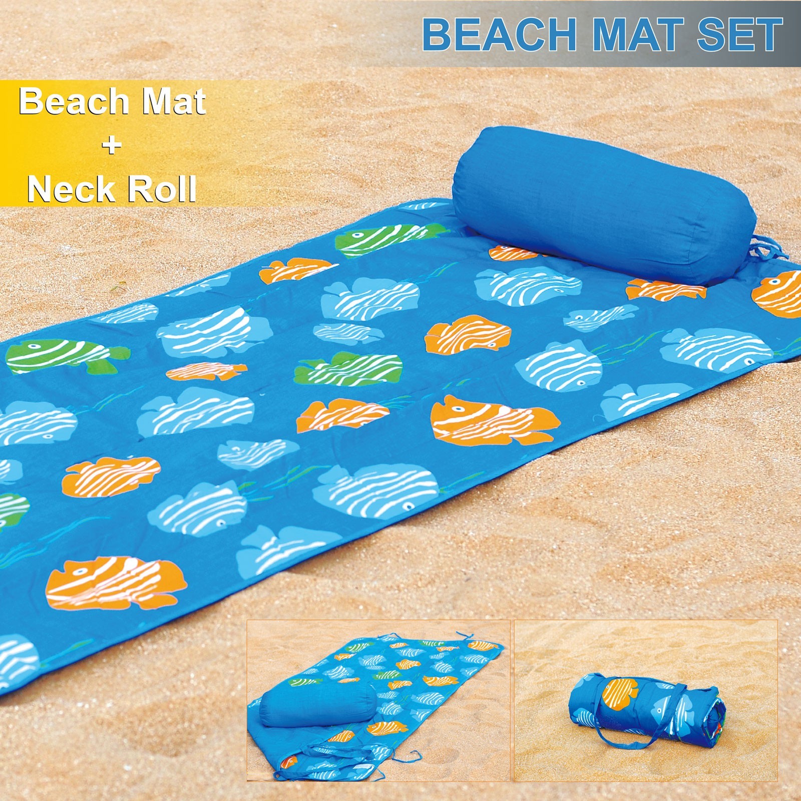 Roll-Up Reversible Beach Mat with Neck PillowTropical Fish, Demo sample
