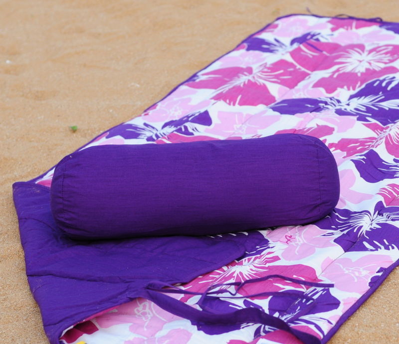 Beach Towel and Roll Up Beach Mat + Neck Roll Pillow Purple Flower 